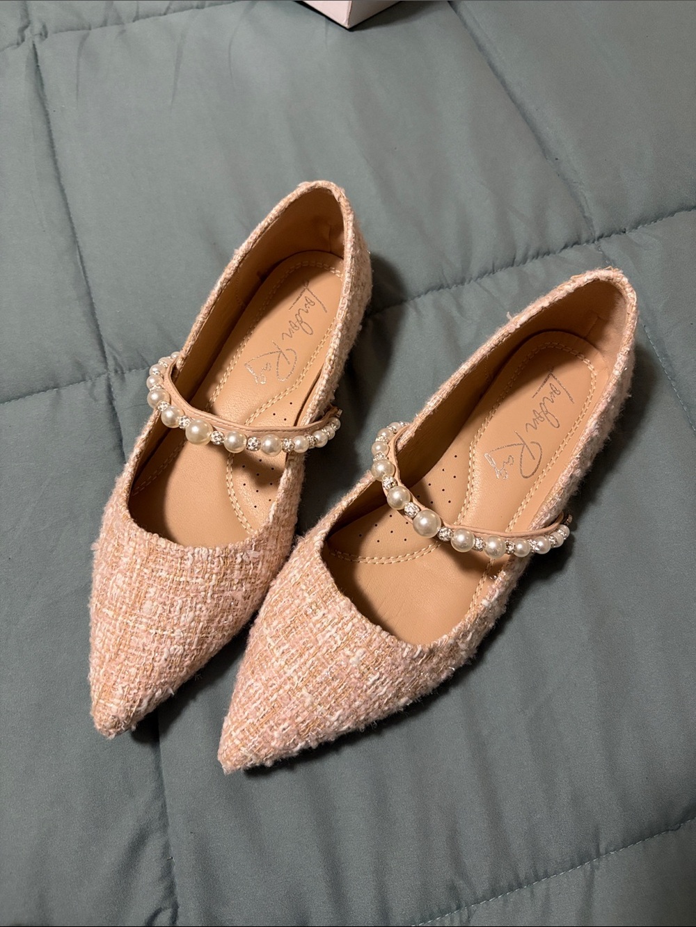 Pearl-Strap Pink Tweed Pointed Flats